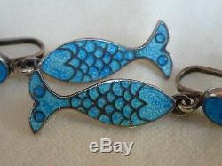 Vintage Margot De Taxco Sterling Silver & Blue Enamel Fish Earrings Dangle 1.50