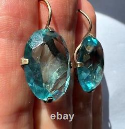 Vintage Massive Women's Jewelry Earrings Sterling Silver 875 Gilt Sky Blue Stone