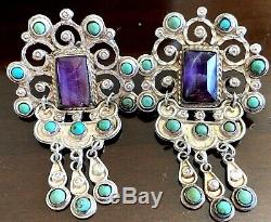 Vintage Matl Matilde Poulat Mexico Sterling Amethyst Turquoise Earrings Clip On