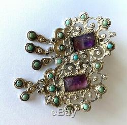 Vintage Matl Matilde Poulat Mexico Sterling Amethyst Turquoise Earrings Clip On