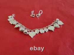 Vintage Mauritus Sterling Silver Puffy Heart Charm Bracelet With Earrings