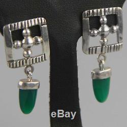 Vintage Mexican 80s Does Art Deco Sterling Silver Taxco Earrings Chalcedony