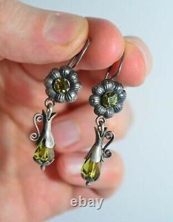 Vintage Mexican Folk Art Sterling Silver Green Crystals Pitcher Earrings