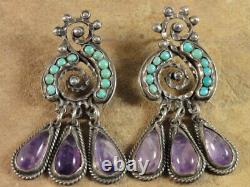 Vintage Mexican MATL Matilde Poulat Sterling Silver Turquoise Amethyst Earrings