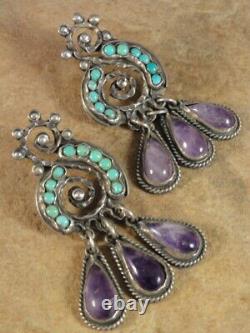 Vintage Mexican MATL Matilde Poulat Sterling Silver Turquoise Amethyst Earrings