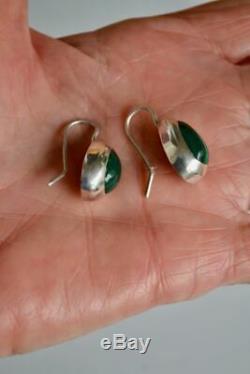 Vintage Mexican Malachite Sterling Silver Tear Drop Earrings