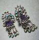 Vintage Mexican Matl Style Sterling Silver Earrings Turquoise Amethyst