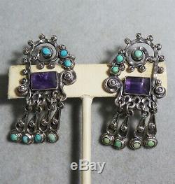 Vintage Mexican Matl Style Sterling Silver Earrings Turquoise Amethyst