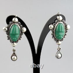 Vintage Mexican Mayan Mask Earrings Sterling Silver Mid Century Green Onyx 1940s