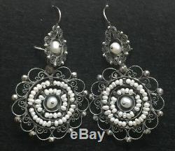 Vintage Mexican Oaxacan Sterling Silver Filigree Pearl Frida Earrings Large