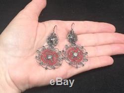 Vintage Mexican Oaxacan Sterling Silver Filigree Red Coral Frida Earrings