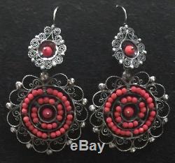 Vintage Mexican Oaxacan Sterling Silver Filigree Red Coral Frida Earrings