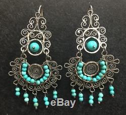 Vintage Mexican Oaxacan Sterling Silver Filigree Turquoise Frida Earrings