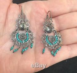 Vintage Mexican Oaxacan Sterling Silver Filigree Turquoise Frida Earrings
