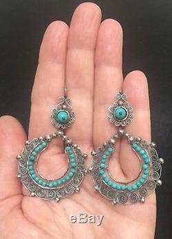 Vintage Mexican Oaxacan Sterling Silver Filigree Turquoise Frida Earrings Large