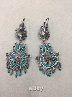 Vintage Mexican Oaxacan Sterling Silver Filigree Turquoise Frida Earrings Large