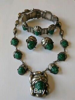 Vintage Mexican Sterling Carved Jade Aztec Mask Necklace Bracelet & Earrings Set