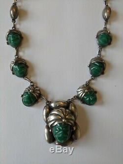 Vintage Mexican Sterling Carved Jade Aztec Mask Necklace Bracelet & Earrings Set