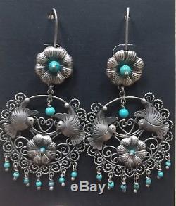 Vintage Mexican Sterling Silver Birds Flower Turquoise Romantic Frida Earrings