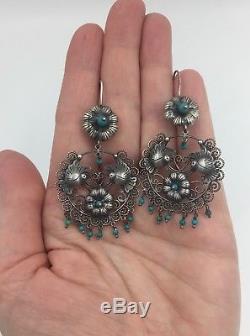 Vintage Mexican Sterling Silver Birds Flower Turquoise Romantic Frida Earrings