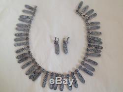 Vintage Mexican Sterling Silver Inlaid Abalone Shell Bib Necklace Earring Set