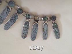 Vintage Mexican Sterling Silver Inlaid Abalone Shell Bib Necklace Earring Set