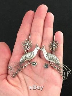 Vintage Mexican Sterling Silver LARGE Bird Peacock Frida Earrings