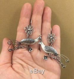 Vintage Mexican Sterling Silver LARGE Bird Peacock Frida Earrings