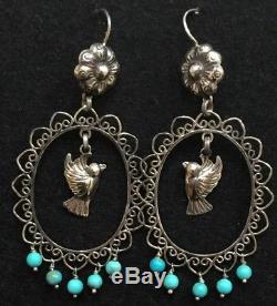 Vintage Mexican Sterling Silver Turquoise Bird Frida Earrings