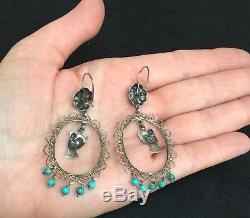 Vintage Mexican Sterling Silver Turquoise Bird Frida Earrings