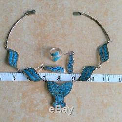 Vintage Mexico 925 Sterling Silver Crushed Lapis Necklace, Earrings, & Ring