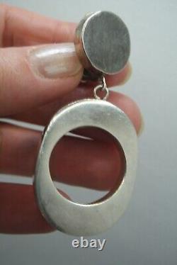 Vintage Mexico 925 Sterling Silver Massive Modernist Dangle Hoop Clip Earrings