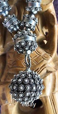 Vintage Mexico Cuernavaca Ornate Sterling Bead Necklace & Earring Set, Marked