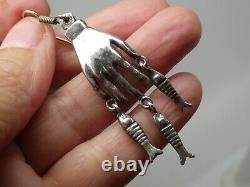 Vintage Mexico Hand Milagros & Fish Drop Dangle Sterling Silver 925 Earring