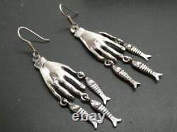 Vintage Mexico Hand Milagros & Fish Drop Dangle Sterling Silver 925 Earring