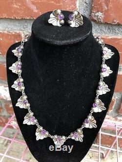 Vintage Mexico Mexican 1940s Sterling Silver Amethyst Necklace & Earrings