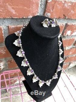 Vintage Mexico Mexican 1940s Sterling Silver Amethyst Necklace & Earrings