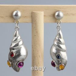 Vintage Mexico Repousse Shell Earrings Sterling Silver Mexcian Glass Cabochons