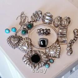 Vintage Mexico Sterling 925 8 Earrings Onyx Jade 2 Brooch Bracelet Ring Necklace