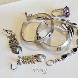Vintage Mexico Sterling 925 Fish Earrings Amethyst Ring Lapis 2 Bracelets Lot