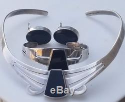 Vintage Mexico Sterling Silver 925 Onyx Earrings Cuff Bracelet & Necklace set