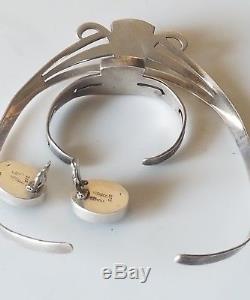 Vintage Mexico Sterling Silver 925 Onyx Earrings Cuff Bracelet & Necklace set