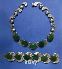 Vintage Mexico Sterling Silver Green Onyx Necklace Earrings Set By Jose Anton