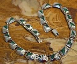 Vintage Mexico Sterling Silver Malachite Deco-Mod Necklace Earrings Taxco 97 Gms