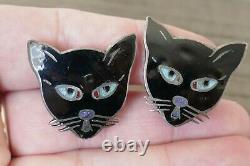 Vintage Mexico Taxco Sterling & Enameled Cat Designed Earrings With Twist Backs