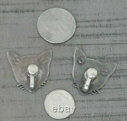 Vintage Mexico Taxco Sterling & Enameled Cat Designed Earrings With Twist Backs