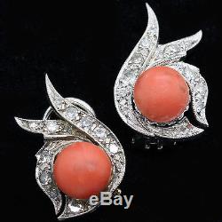 Vintage Mid Century Modern Earrings Diamonds Coral Sterling Silver (#5784)