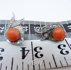 Vintage Mid Century Modern Earrings Diamonds Coral Sterling Silver (#5784)
