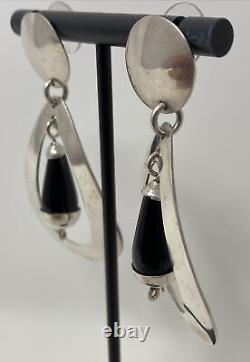 Vintage Mid Century Modern Mexico Sterling Silver Onyx Drop Long Dangle Earrings