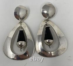 Vintage Mid Century Modern Mexico Sterling Silver Onyx Drop Long Dangle Earrings